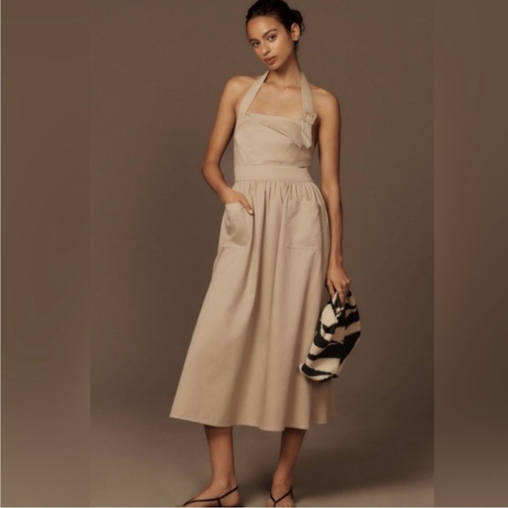 Anthropologie Porridge Tan Halter Top Elegant Midi Dress Size Large F